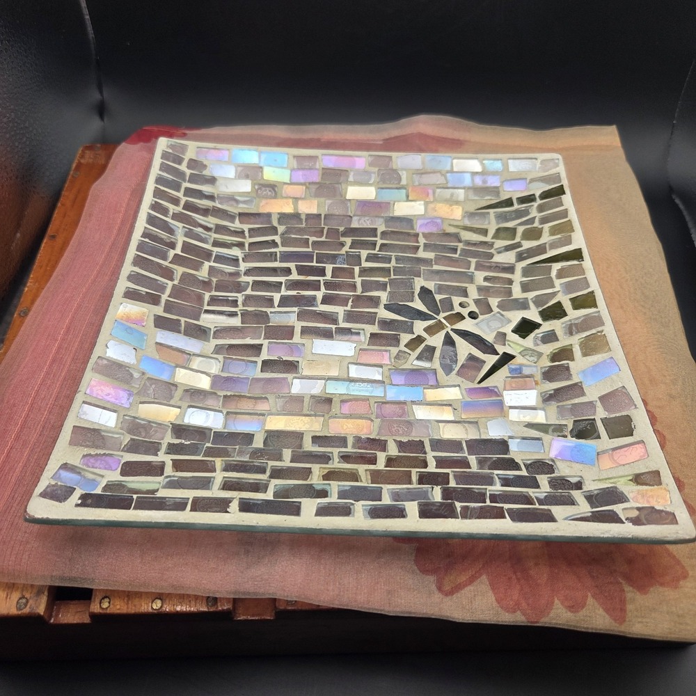 VTG Mosaic Glass Square Tray Iridescent Dragonfly 8x8